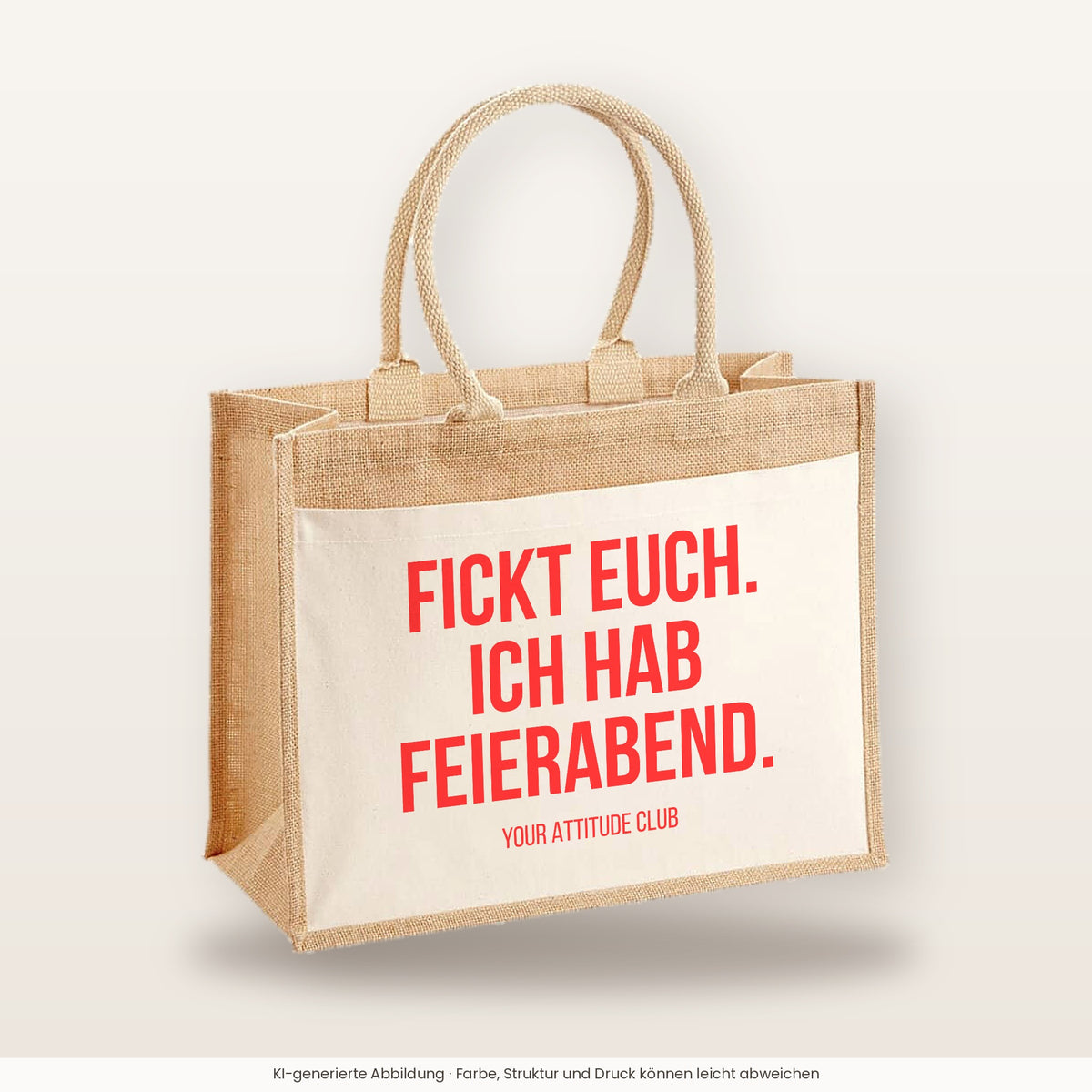 Fickt euch. Ich hab Feierabend. – Jutetasche mit Spruch, große Jutetasche, Produktansicht