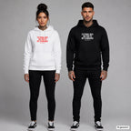 Fictional men did this to my standards – Hoodie mit Frontprint, Frau in Weiß mit rotem und Mann in Schwarz mit weißem Aufdruck