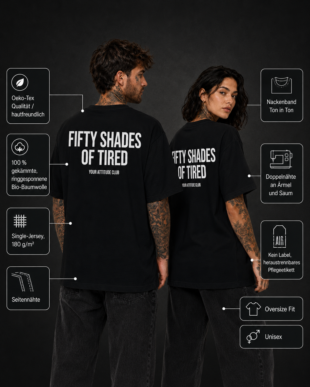 FIFTY SHADES OF TIRED – Unisex Oversize T-Shirt mit Backprint, lustiges Statement Shirt, Streetwear Geschenk für Frauen und Männer