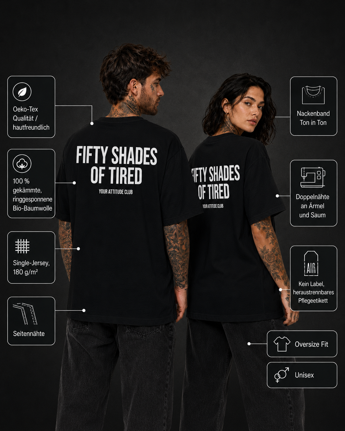 FIFTY SHADES OF TIRED – Unisex Oversize T-Shirt mit Backprint, lustiges Statement Shirt, Streetwear Geschenk für Frauen und Männer