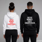 Fiktive Männer, echte Erwartungen – Hoodie mit Backprint, Frau in Weiß mit rotem und Mann in Schwarz mit weißem Aufdruck