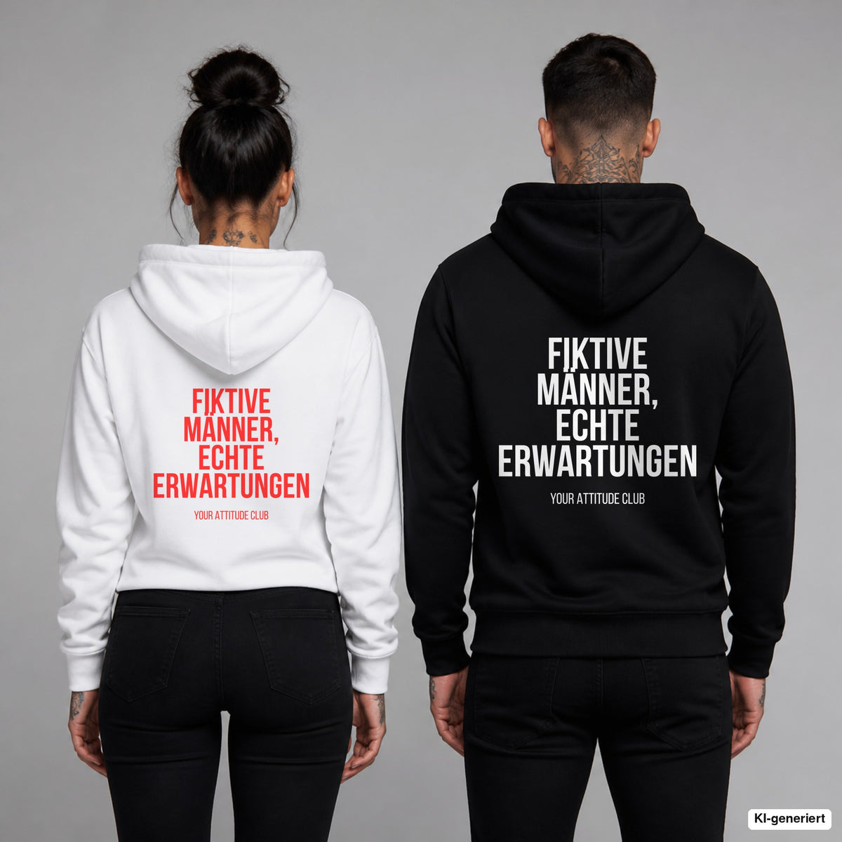 Fiktive Männer, echte Erwartungen – Hoodie mit Backprint, Frau in Weiß mit rotem und Mann in Schwarz mit weißem Aufdruck