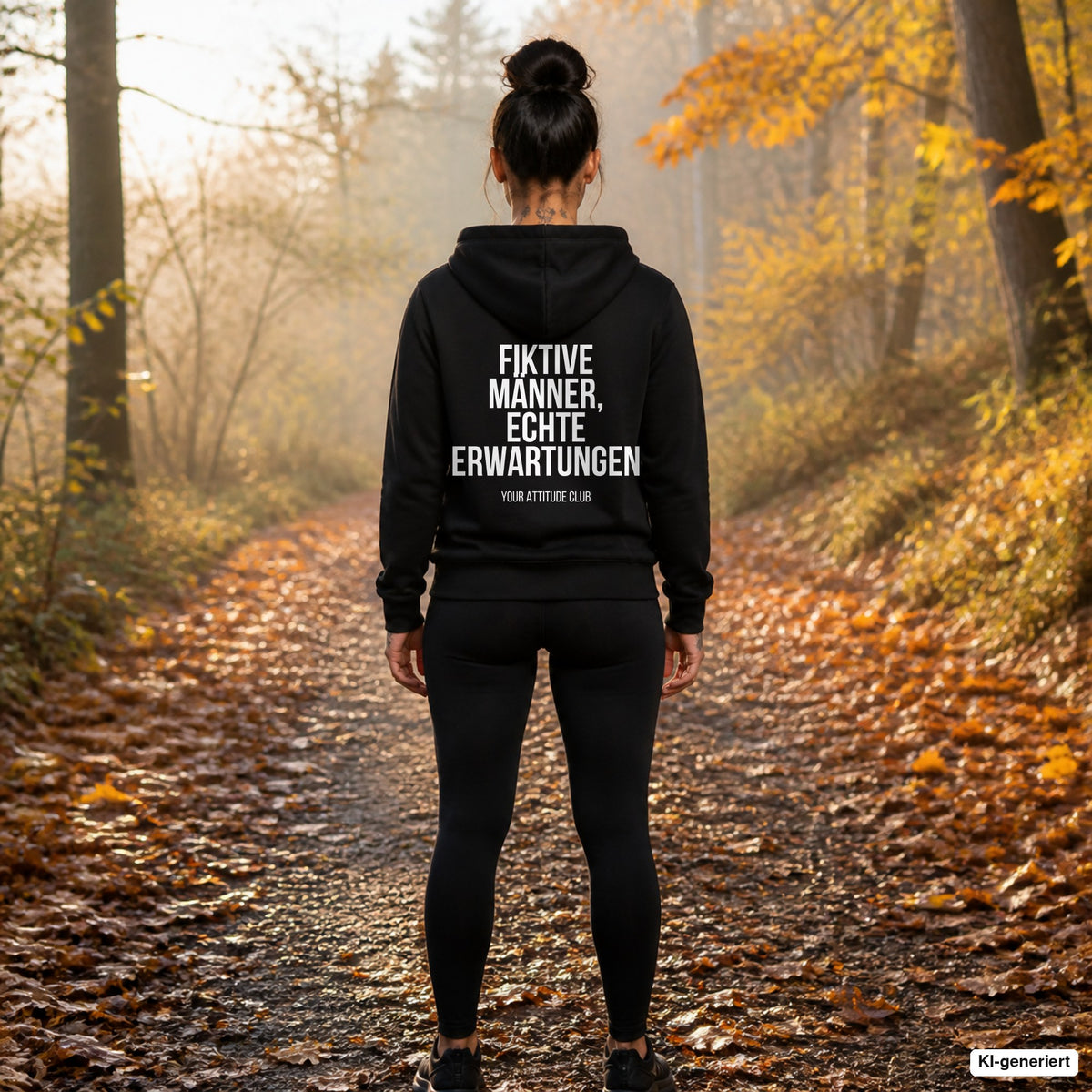 Fiktive Männer, echte Erwartungen – schwarzer Hoodie mit weißem Backprint, Damen beim Joggen im Herbst