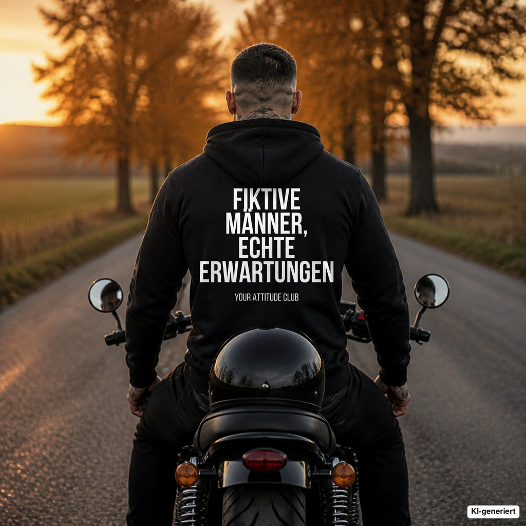 Fiktive Männer, echte Erwartungen – schwarzer Hoodie mit weißem Backprint, Herren auf dem Motorrad