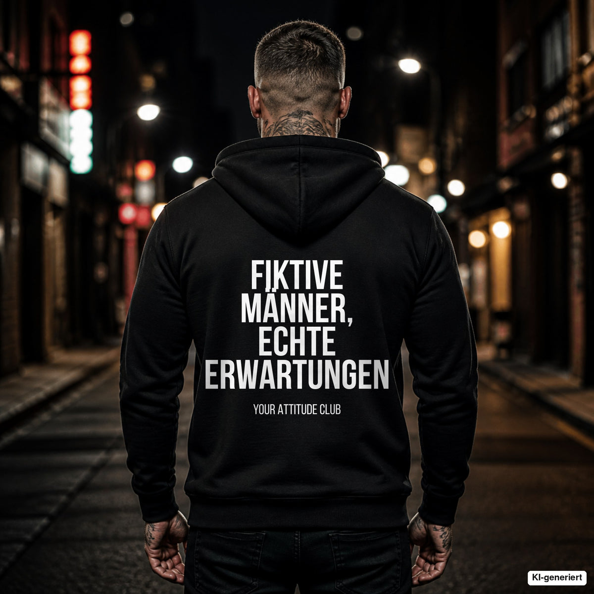 Fiktive Männer, echte Erwartungen – schwarzer Hoodie mit weißem Backprint, Herren in der Stadt bei Nacht