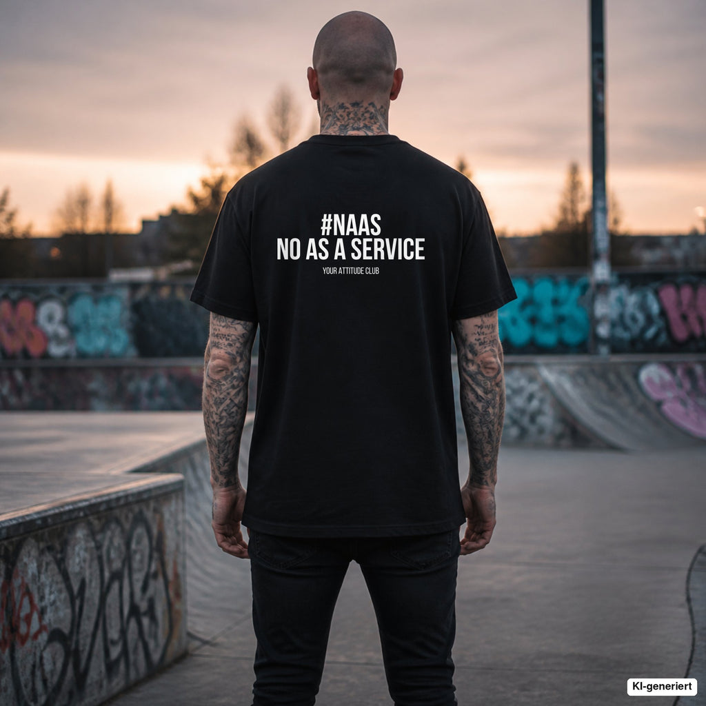 #NAAS NO AS A SERVICE – schwarzes Oversize T-Shirt mit weißem Backprint, Herren im Skatepark