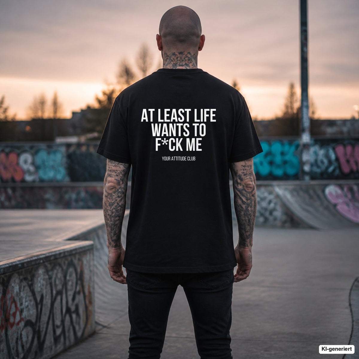 AT LEAST LIFE WANTS TO F*CK ME – schwarzes Oversize T-Shirt mit weißem Backprint, Herren im Skatepark