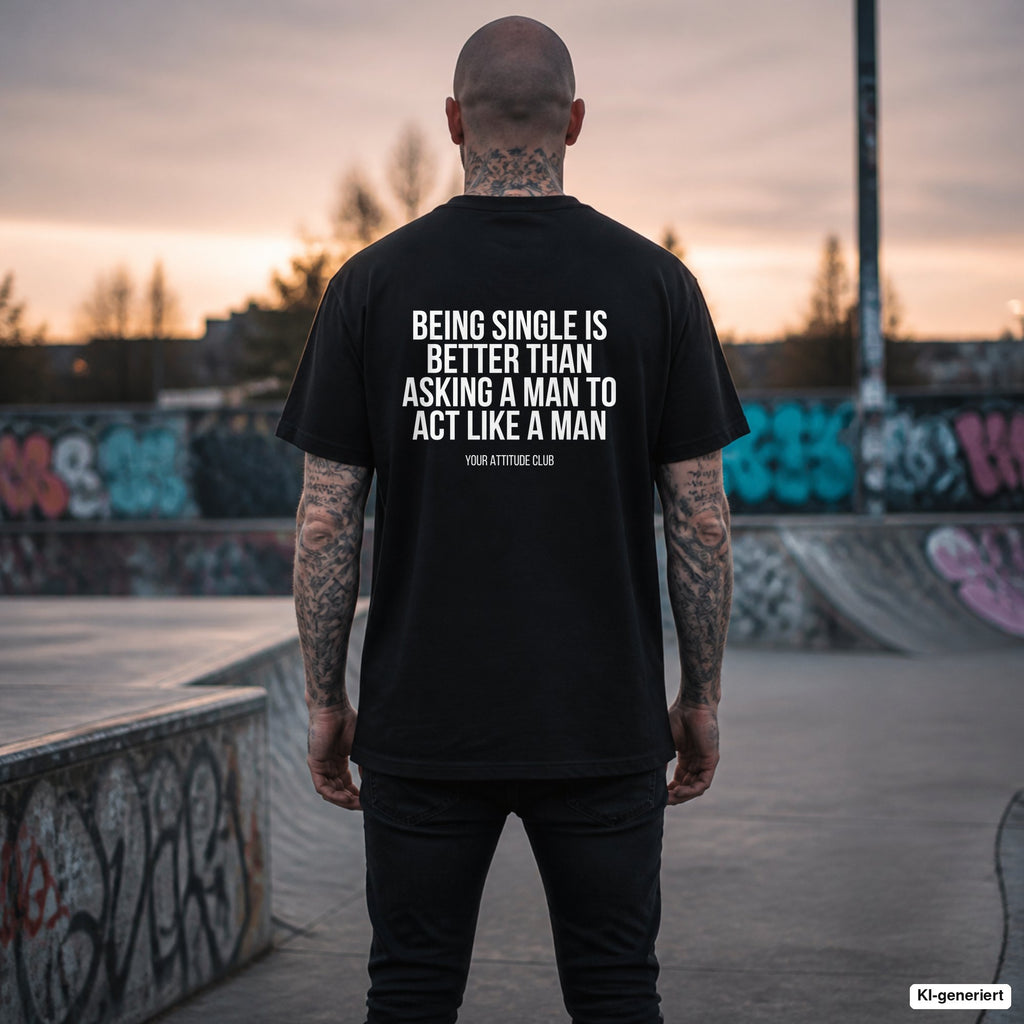 BEING SINGLE IS BETTER THAN ASKING A MAN TO ACT LIKE A MAN – schwarzes Oversize T-Shirt mit weißem Backprint, Herren im Skatepark
