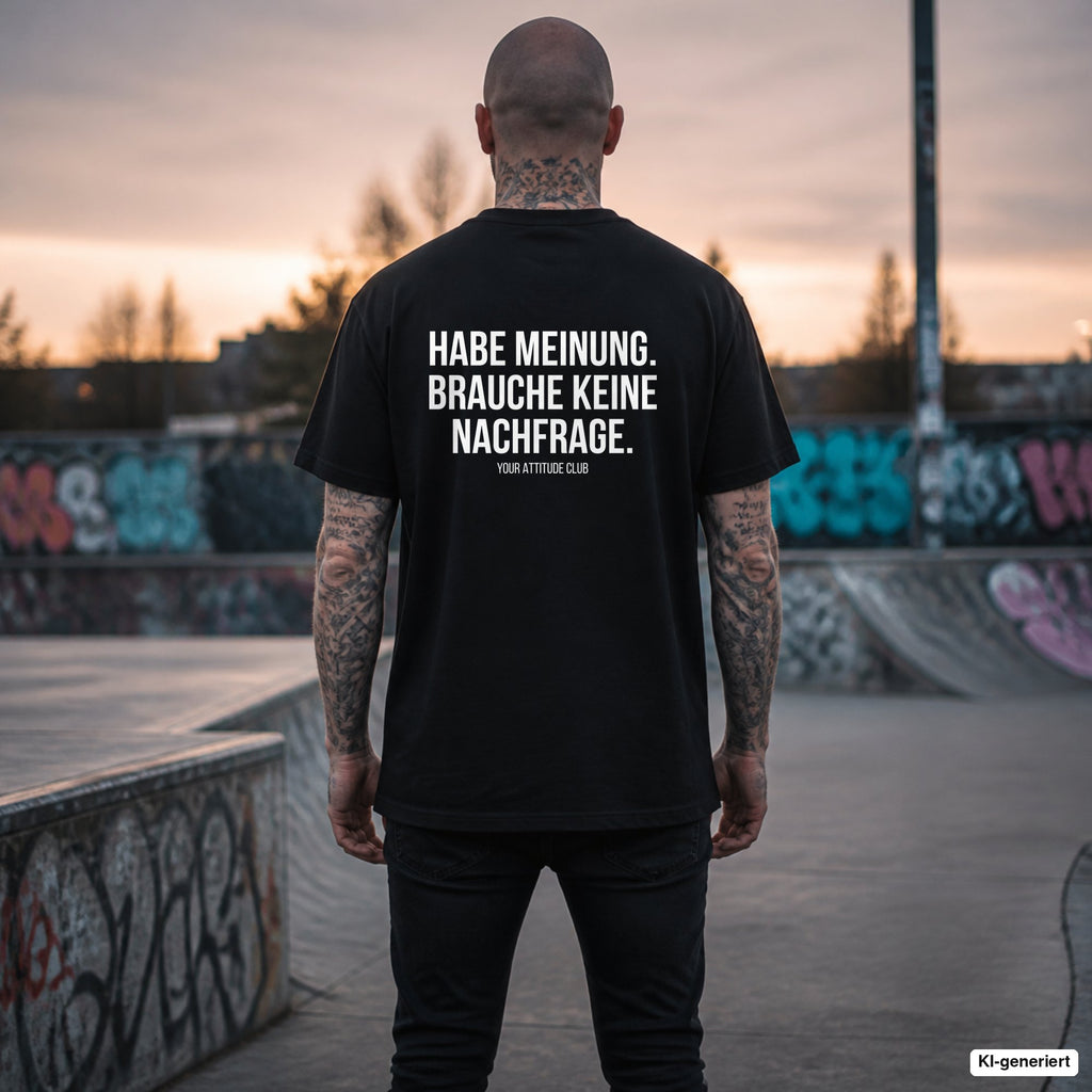 HABE MEINUNG. BRAUCHE KEINE NACHFRAGE. – schwarzes Oversize T-Shirt mit weißem Backprint, Herren im Skatepark