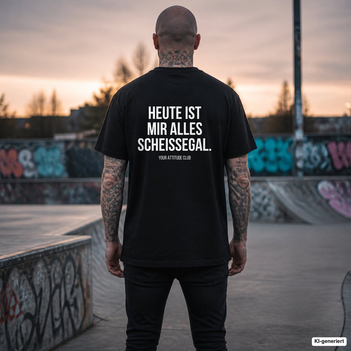 HEUTE IST MIR ALLES SCHEISSEGAL. – schwarzes Oversize T-Shirt mit weißem Backprint, Herren im Skatepark