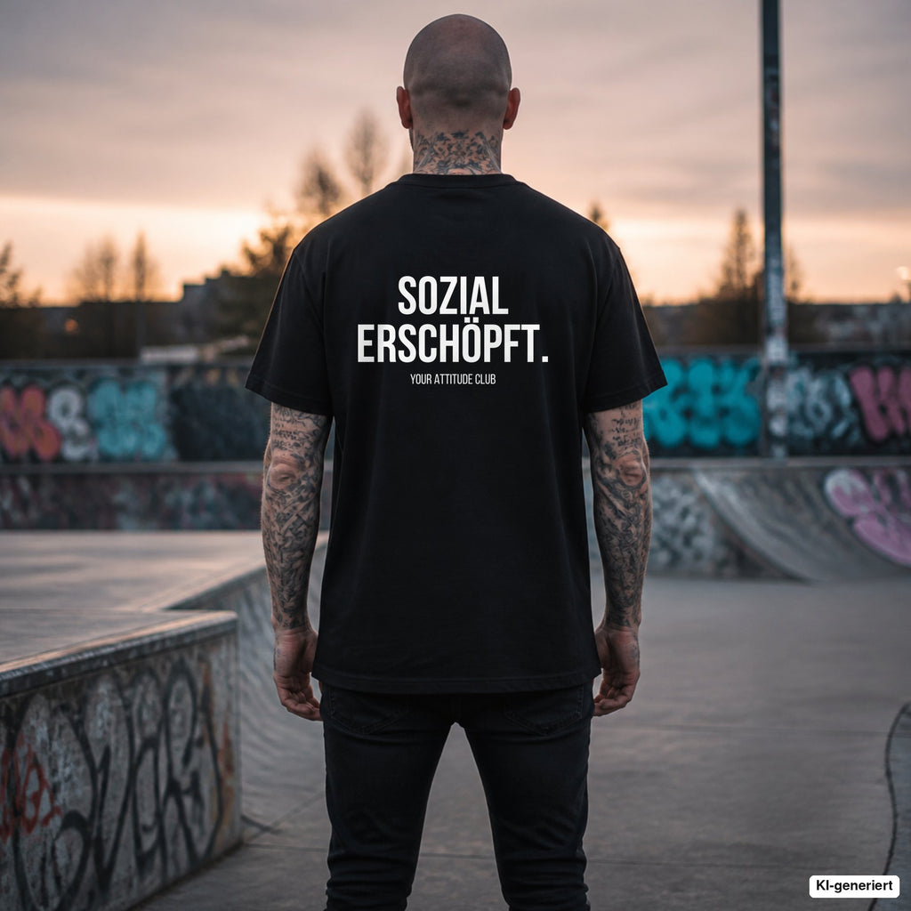 SOZIAL ERSCHÖPFT. – schwarzes Oversize T-Shirt mit weißem Backprint, Herren im Skatepark