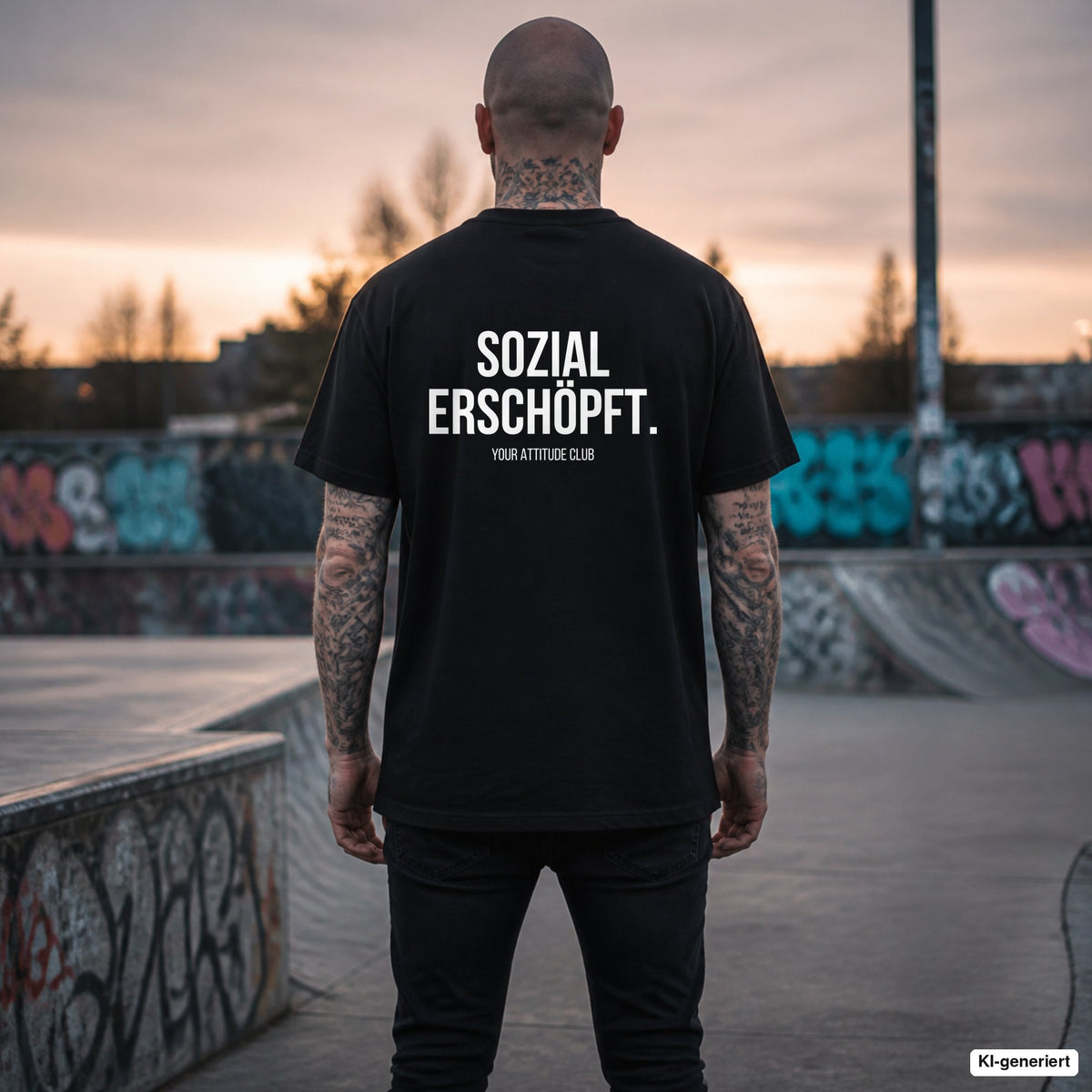 SOZIAL ERSCHÖPFT. – schwarzes Oversize T-Shirt mit weißem Backprint, Herren im Skatepark
