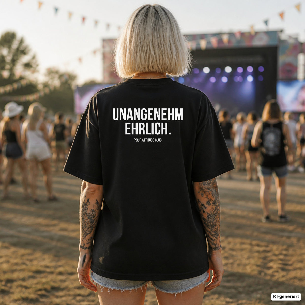 UNANGENEHM EHRLICH. – schwarzes Oversize Shirt mit weißem Backprint auf dem Festival