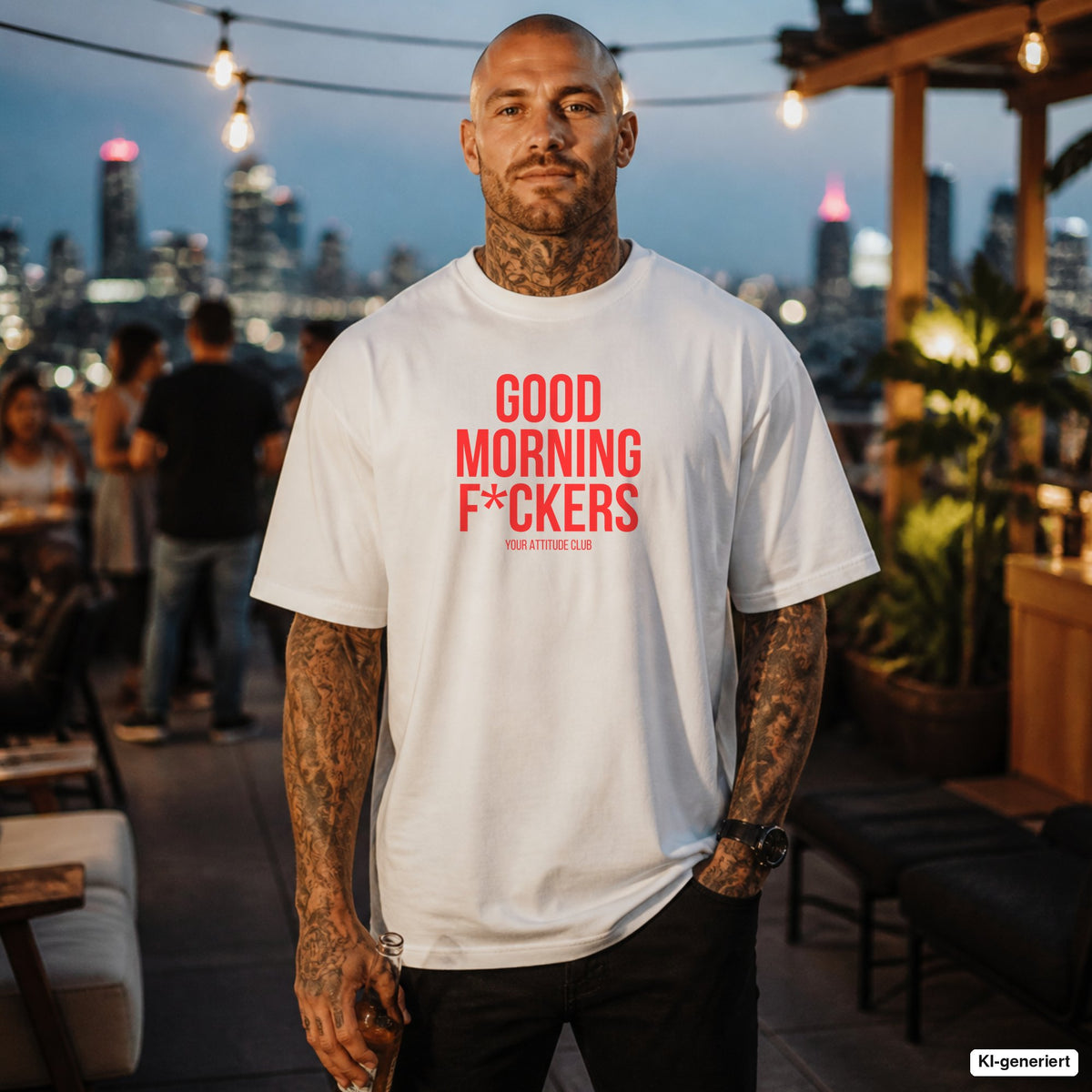 GOOD MORNING F*CKERS – weißes Oversize T-Shirt mit rotem Frontprint, Herren auf der Rooftop-Bar