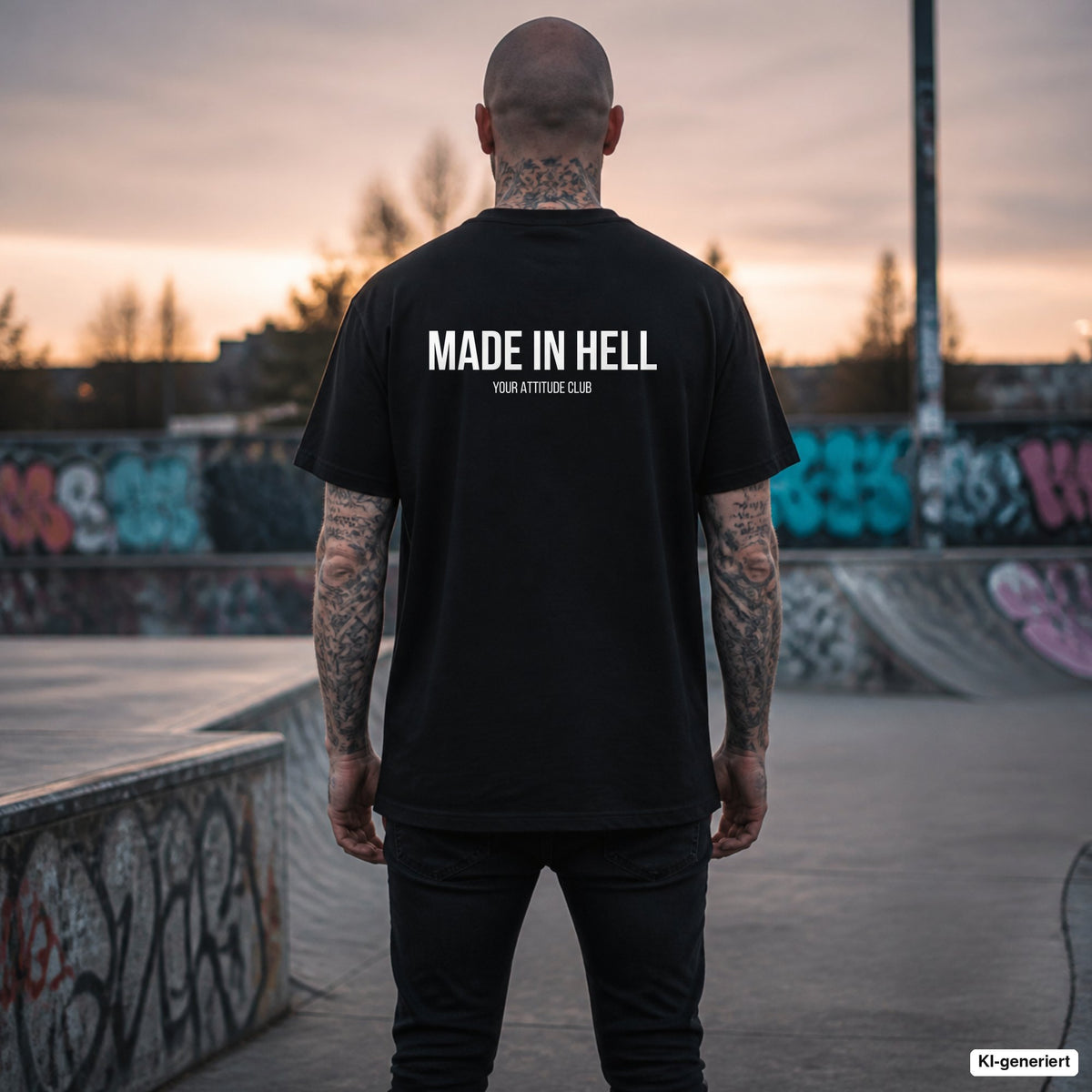 MADE IN HELL – schwarzes Oversize T-Shirt mit weißem Backprint, Herren im Skatepark