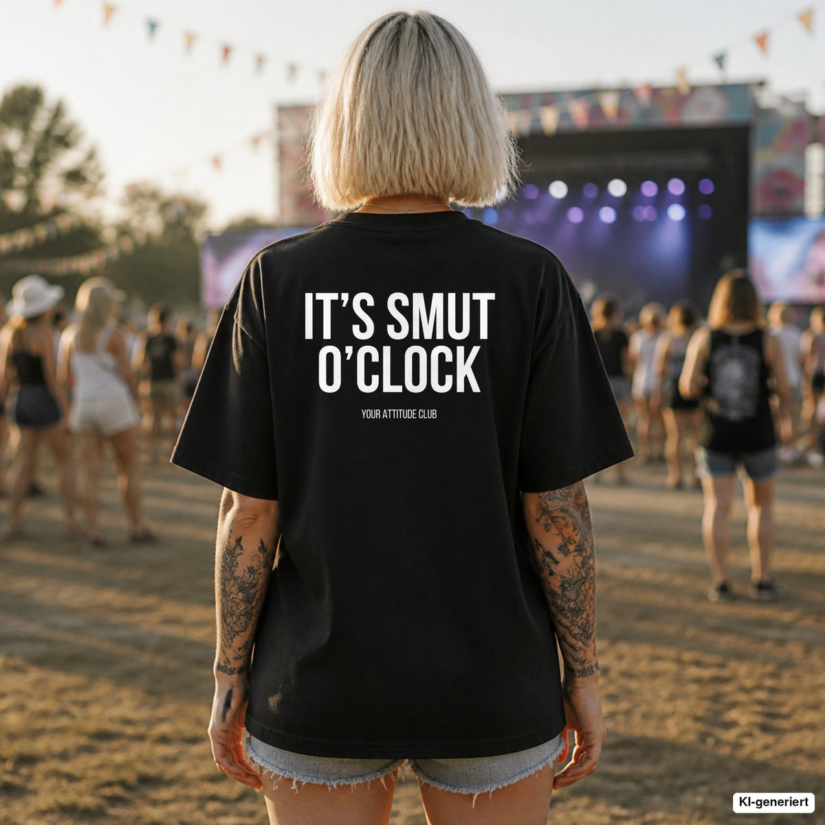 IT’S SMUT O’CLOCK – schwarzes Oversize Shirt mit weißem Backprint auf dem Festival