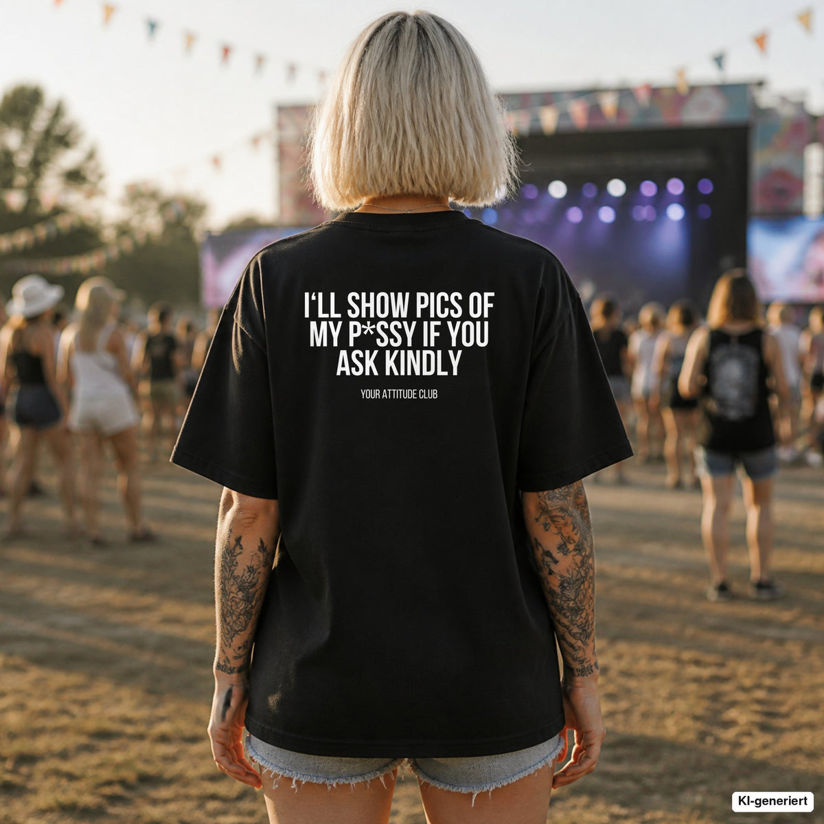 I’LL SHOW PICS OF MY P*SSY IF YOU ASK KINDLY – schwarzes Oversize Shirt mit weißem Backprint auf dem Festival