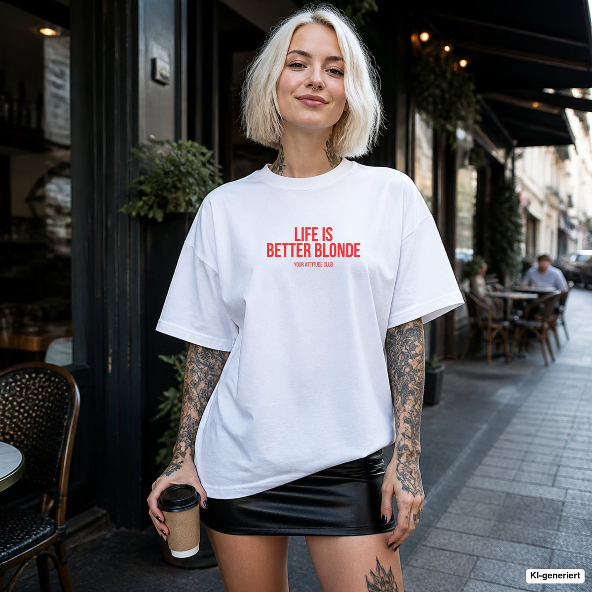 LIFE IS BETTER BLONDE – weißes Oversize T-Shirt mit rotem Frontprint, Damen im Straßencafé