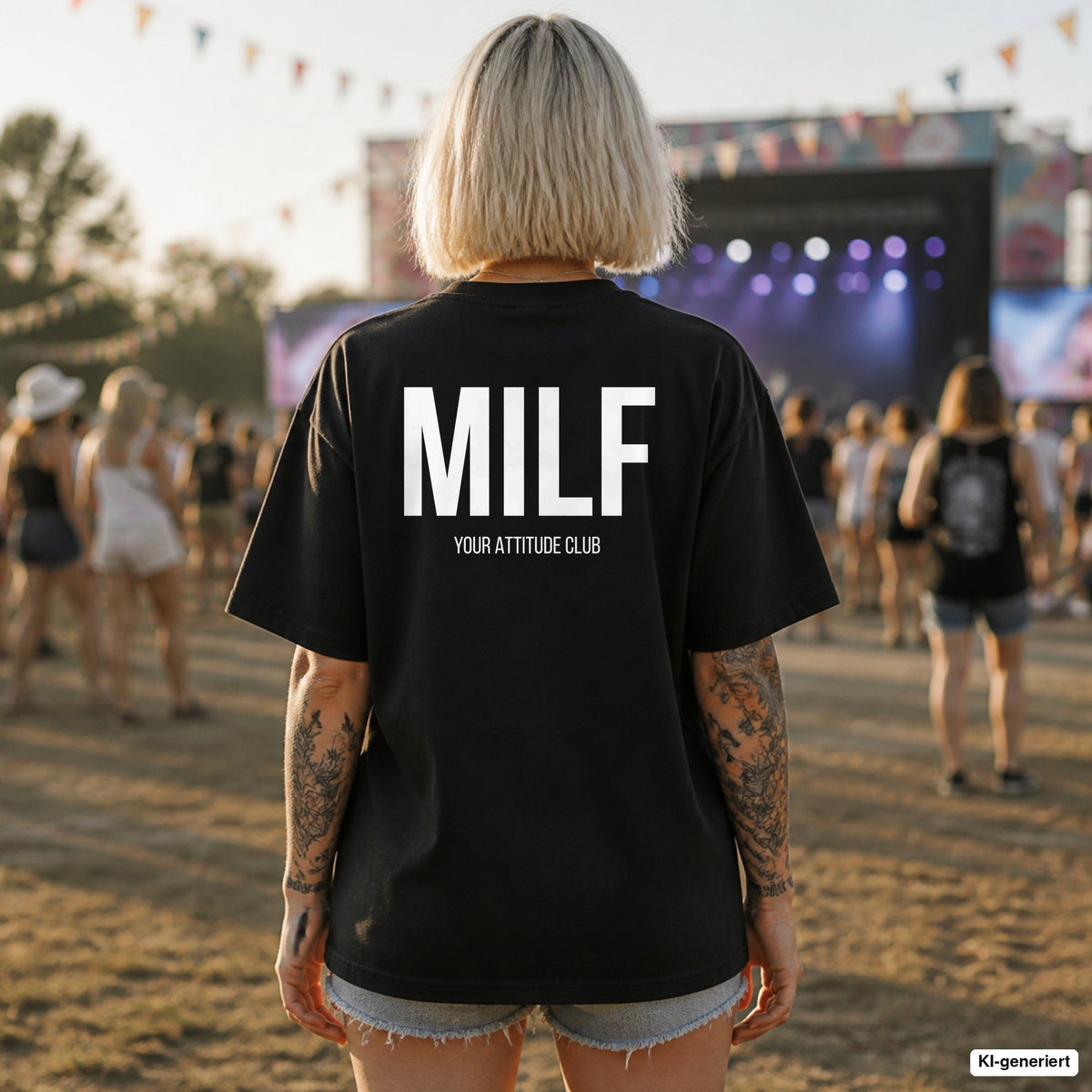 MILF – schwarzes Oversize Shirt mit weißem Backprint auf dem Festival