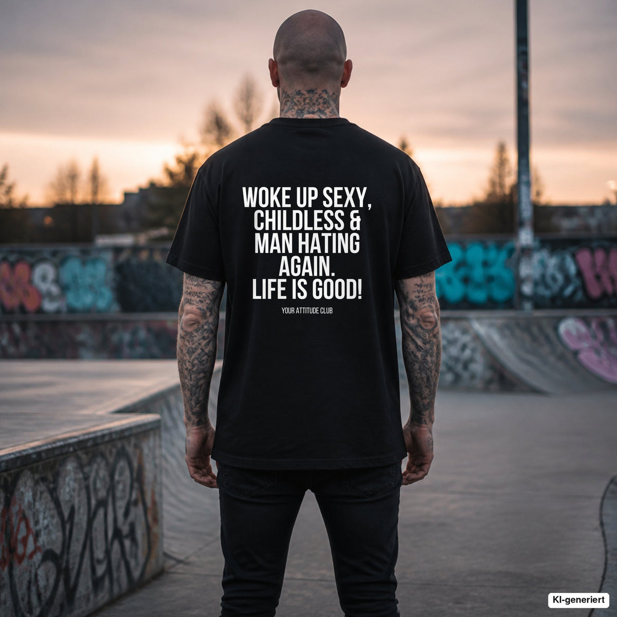 WOKE UP SEXY, CHILDLESS & MAN HATING AGAIN. LIFE IS GOOD! – schwarzes Oversize T-Shirt mit weißem Backprint, Herren im Skatepark