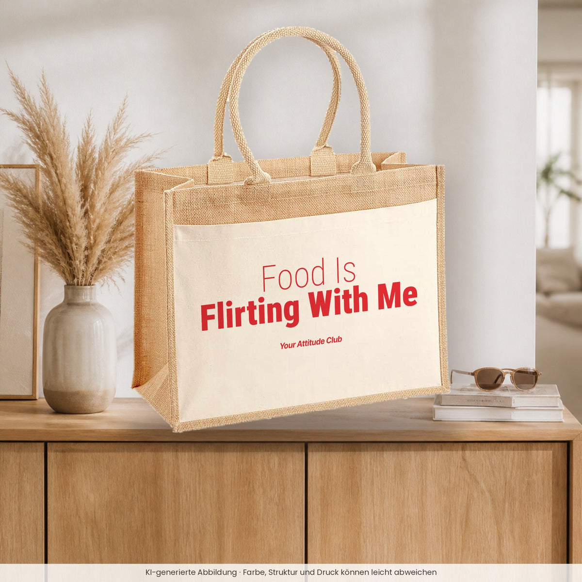Food Is Flirting With Me – Jutetasche mit Spruch, auf dem Sideboard im Flur