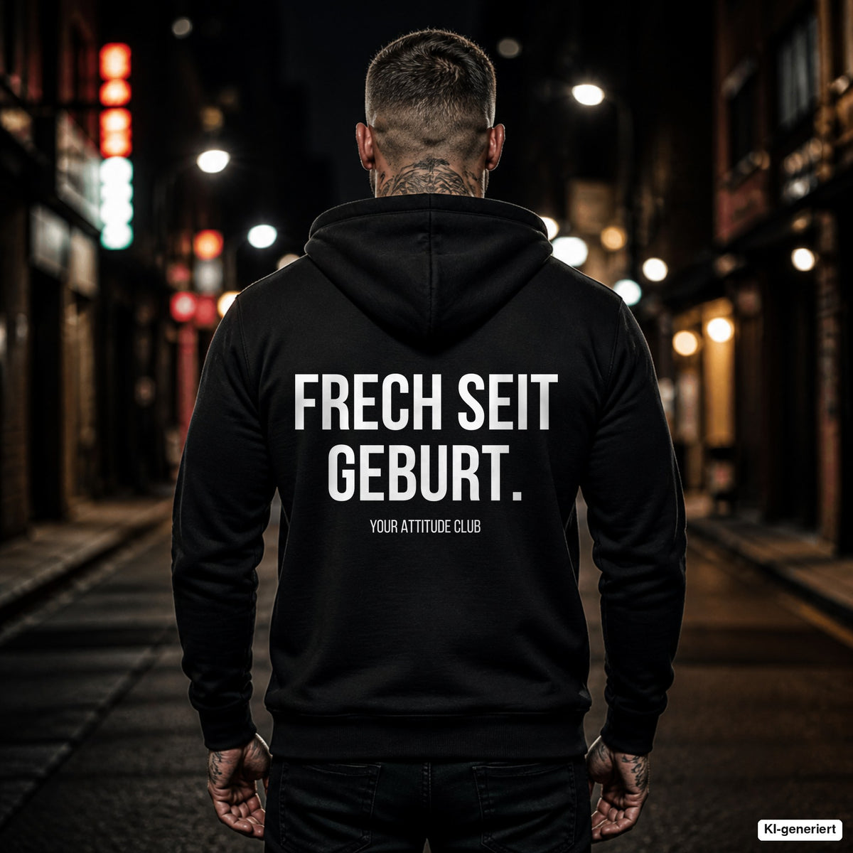 FRECH SEIT GEBURT. – schwarzer Hoodie mit weißem Backprint, Herren in der Stadt bei Nacht