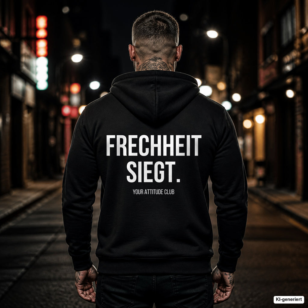 FRECHHEIT SIEGT. – schwarzer Hoodie mit weißem Backprint, Herren in der Stadt bei Nacht