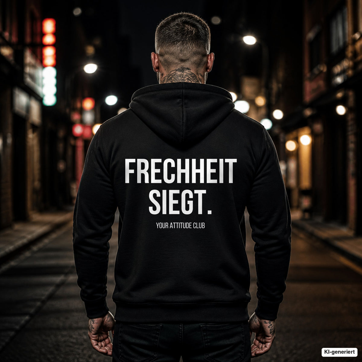 FRECHHEIT SIEGT. – schwarzer Hoodie mit weißem Backprint, Herren in der Stadt bei Nacht