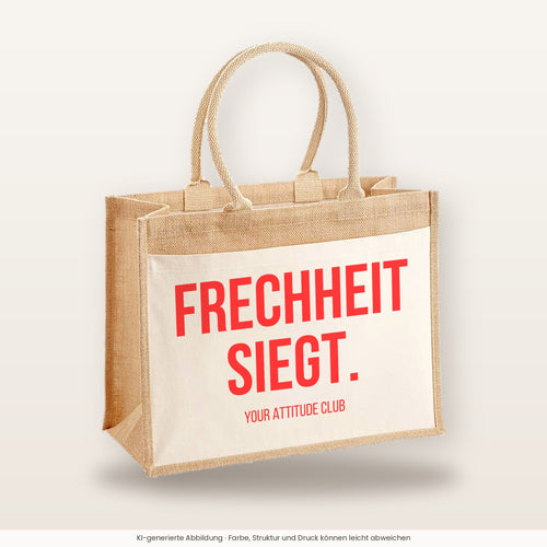 Frechheit siegt. – Jutetasche mit Spruch, große Jutetasche, Produktansicht