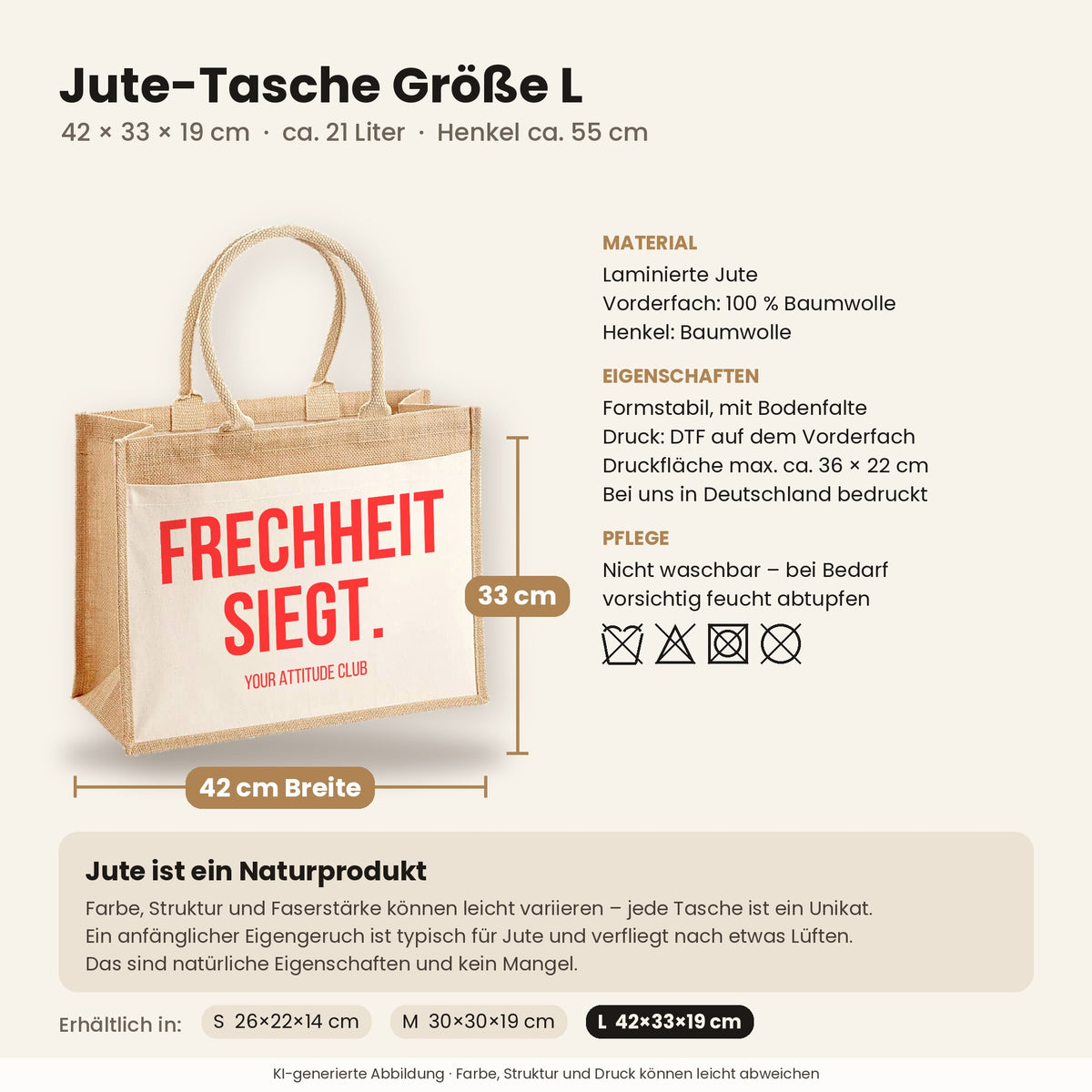 Frechheit siegt. – Jutetasche mit Spruch, Maße, Material und Pflege