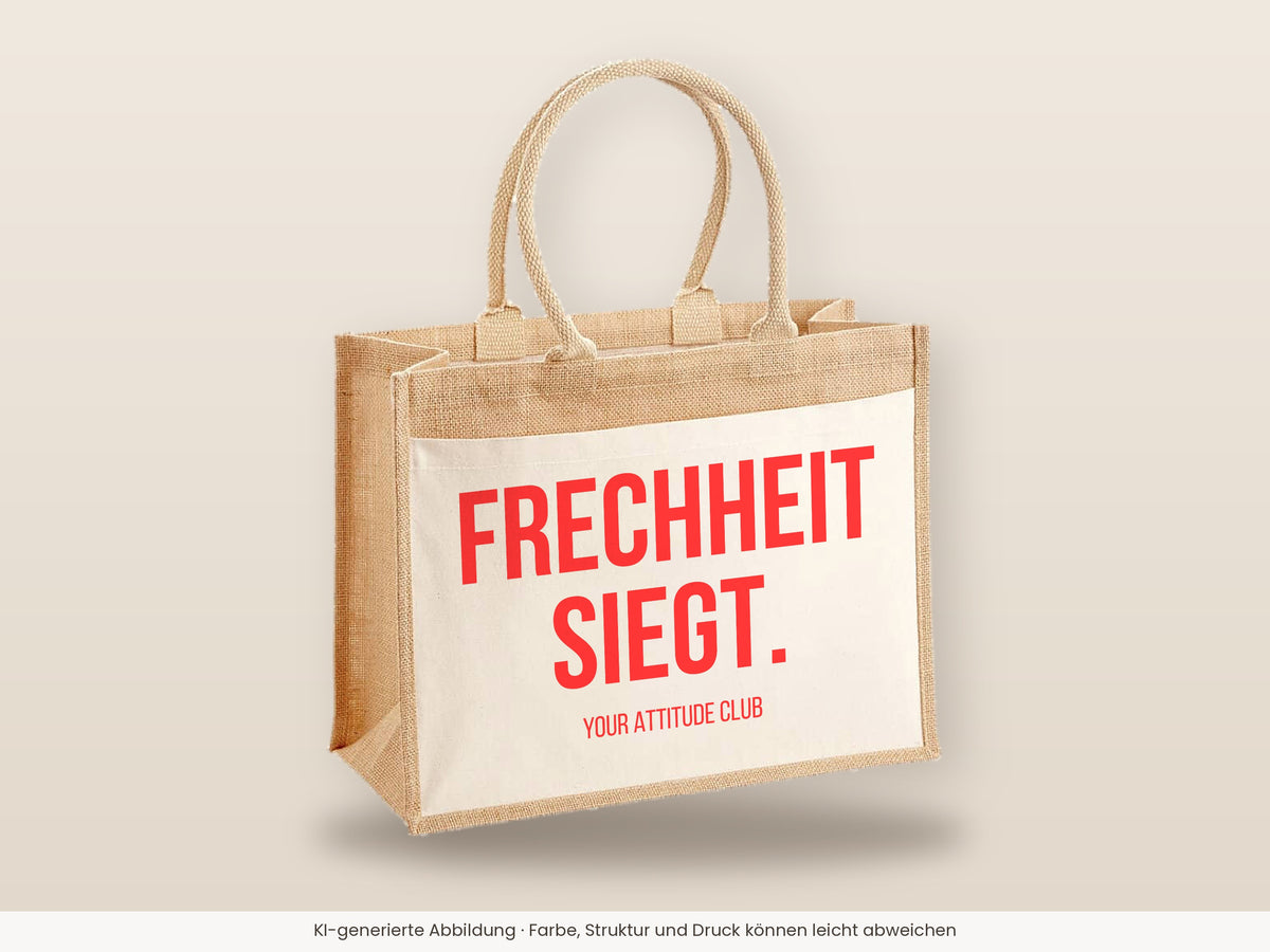 Frechheit siegt. – Jutetasche mit Spruch, große Jutetasche, Detailansicht