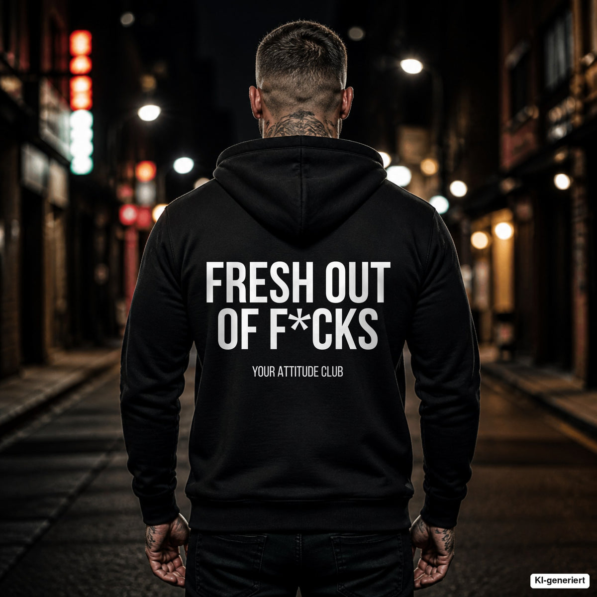 Fresh out of fucks – schwarzer Hoodie mit weißem Backprint, Herren in der Stadt bei Nacht