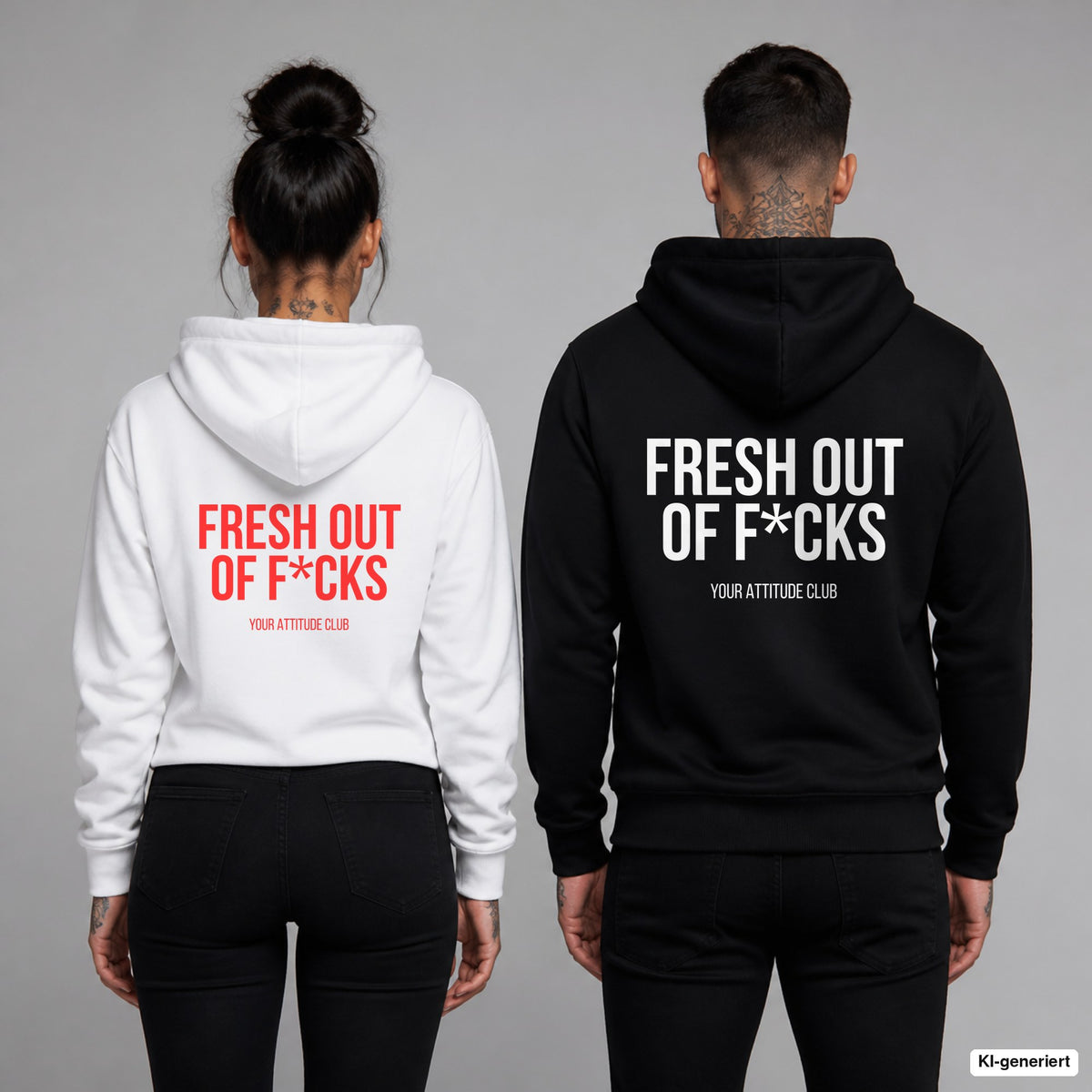 Fresh out of fucks – Hoodie mit Backprint, Frau in Weiß mit rotem und Mann in Schwarz mit weißem Aufdruck