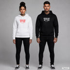 Fresh out of fucks – Hoodie mit Frontprint, Frau in Weiß mit rotem und Mann in Schwarz mit weißem Aufdruck