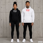 Fresh out of fucks – Hoodie mit Frontprint, Frau in Schwarz und Mann in Weiß vor Betonwand