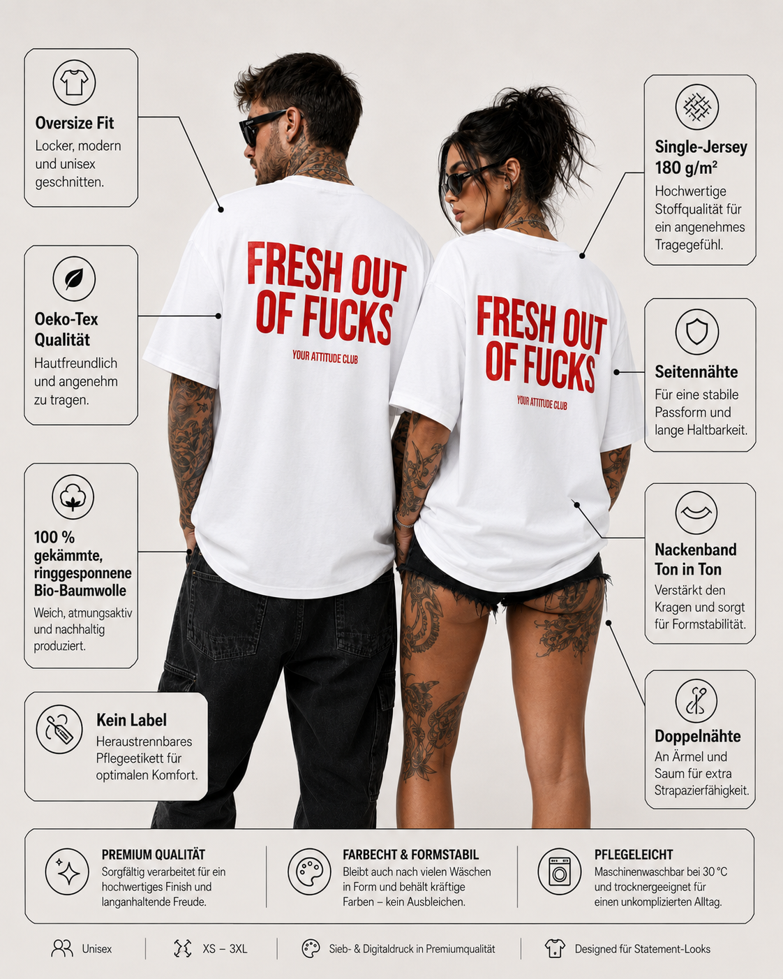 FRESH OUT OF FUCKS – schwarzes Unisex Oversize Shirt mit weißem Backprint, freches Statement T-Shirt, schwarzer Humor, Streetwear Geschenk