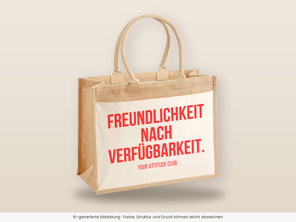 Freundlichkeit nach Verfügbarkeit. – Jutetasche mit Spruch, große Jutetasche, Detailansicht