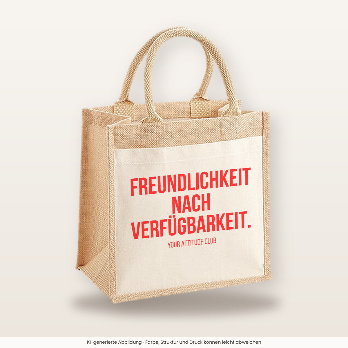 Freundlichkeit nach Verfügbarkeit. – Jutetasche mit Spruch, mittlere Jutetasche 30 × 30 cm