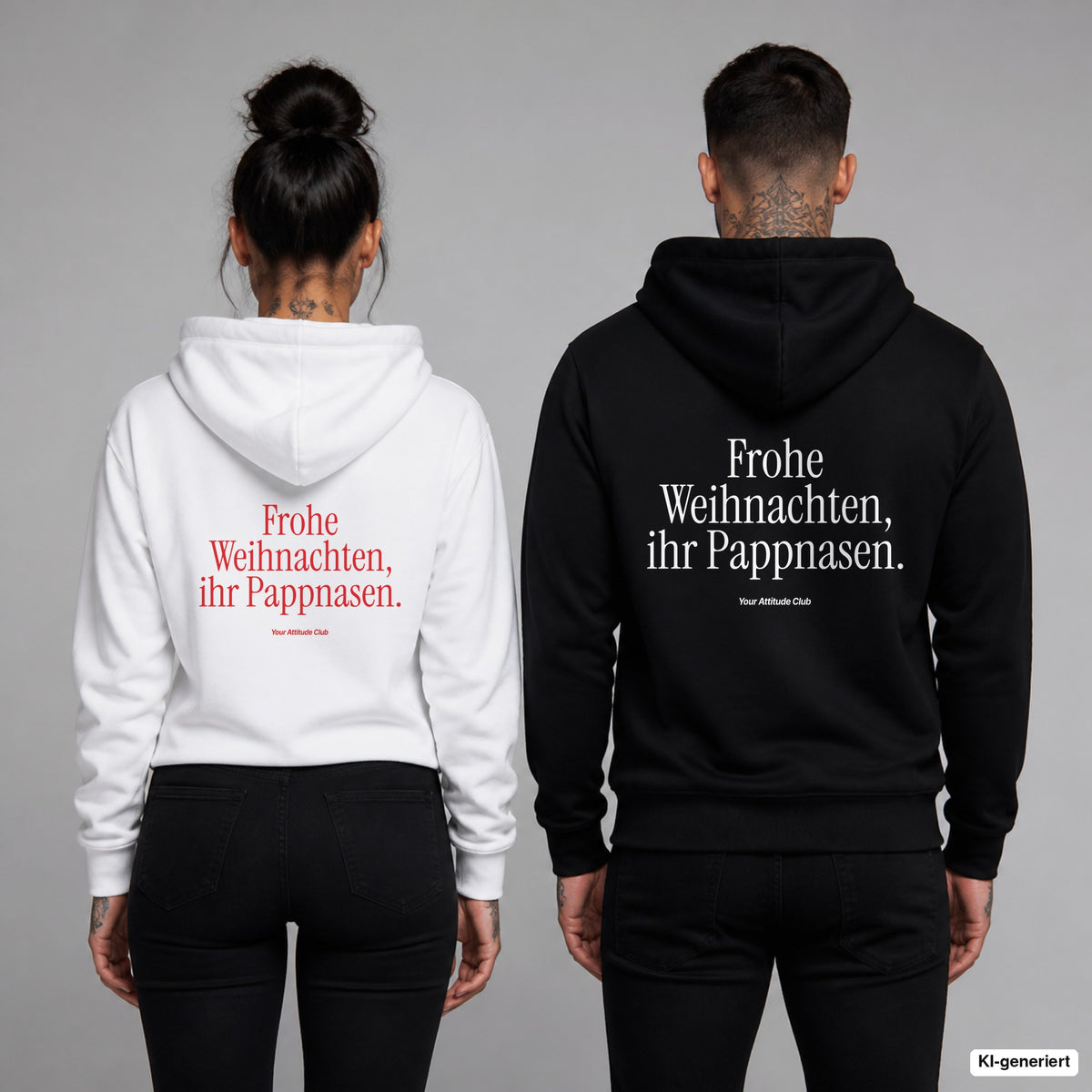 Frohe Weihnachten, ihr Pappnasen – Hoodie mit Backprint, Frau in Weiß mit rotem und Mann in Schwarz mit weißem Aufdruck