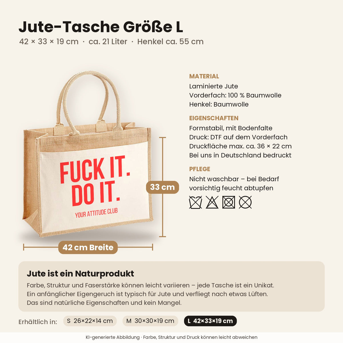 Fuck it. Do it. – Jutetasche mit Spruch, Maße, Material und Pflege