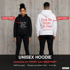 Fuck Me Before Life Does – Hoodie wahlweise mit Front- oder Backprint, Paar vor Betonwand