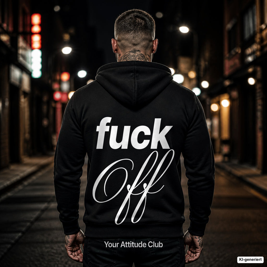 Fuck Off – schwarzer Hoodie mit weißem Backprint, Herren in der Stadt bei Nacht