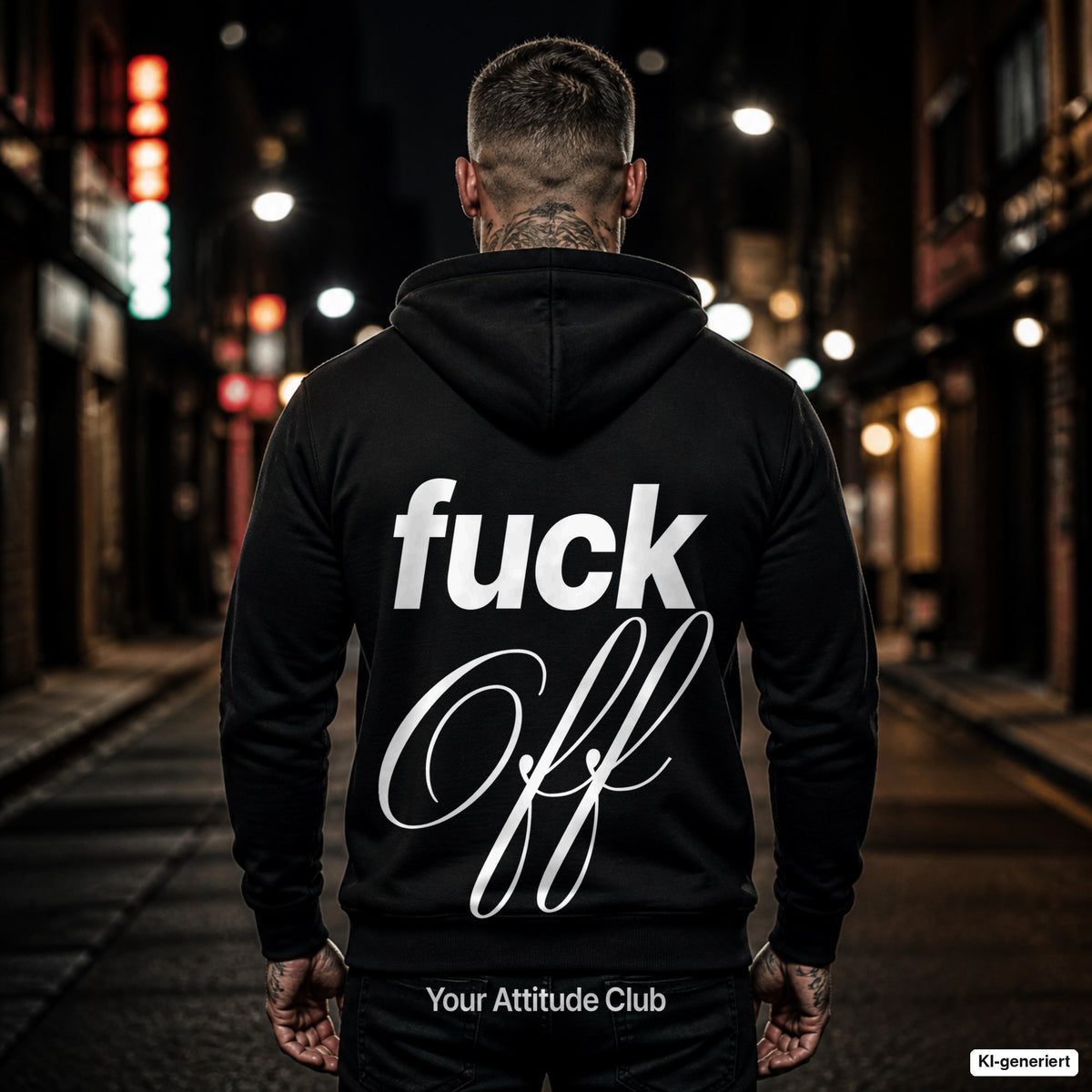 Fuck Off – schwarzer Hoodie mit weißem Backprint, Herren in der Stadt bei Nacht