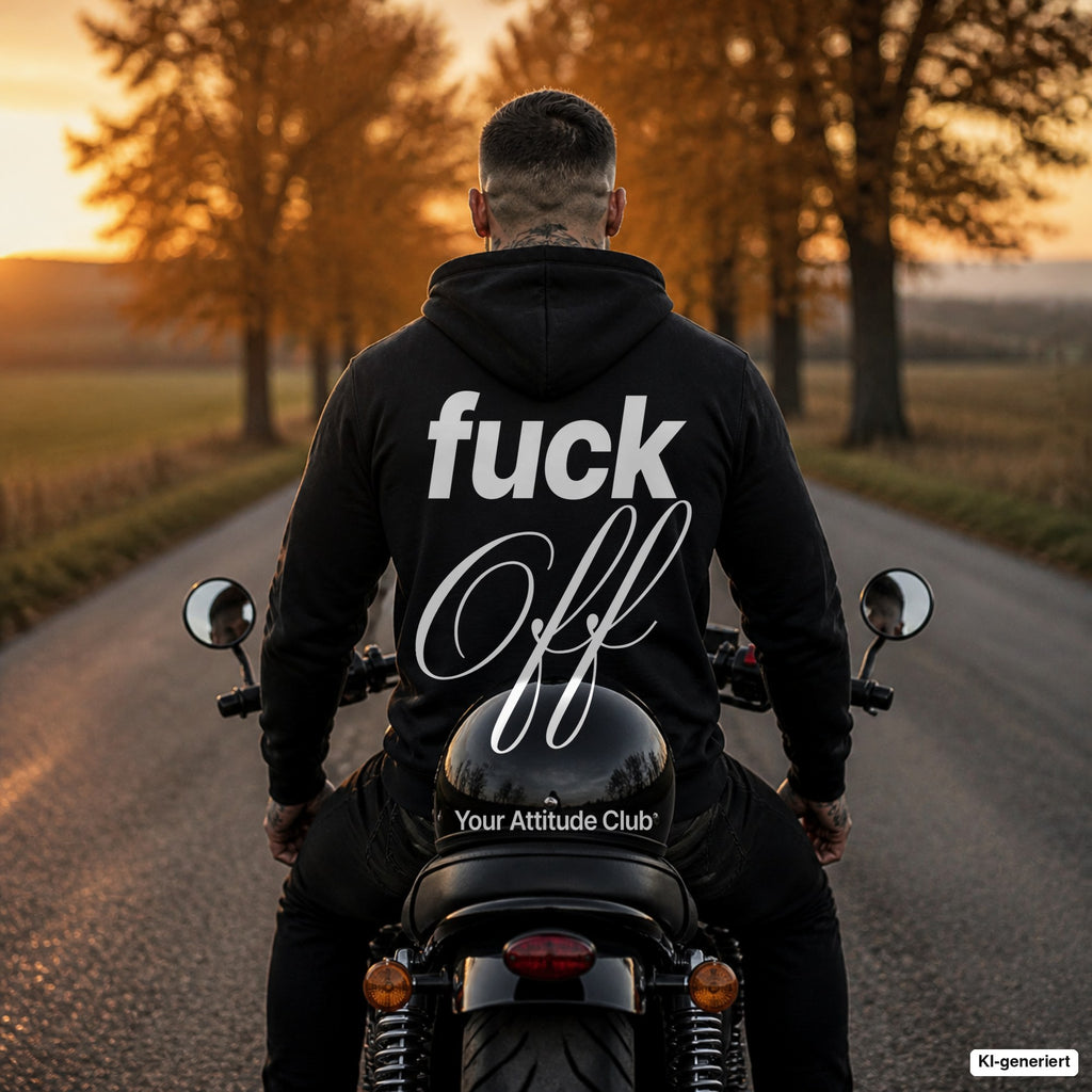 Fuck Off – schwarzer Hoodie mit weißem Backprint, Herren auf dem Motorrad