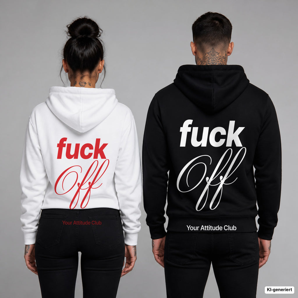 Fuck Off – Hoodie mit Backprint, Frau in Weiß mit rotem und Mann in Schwarz mit weißem Aufdruck