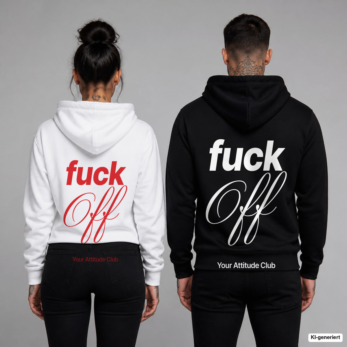 Fuck Off – Hoodie mit Backprint, Frau in Weiß mit rotem und Mann in Schwarz mit weißem Aufdruck