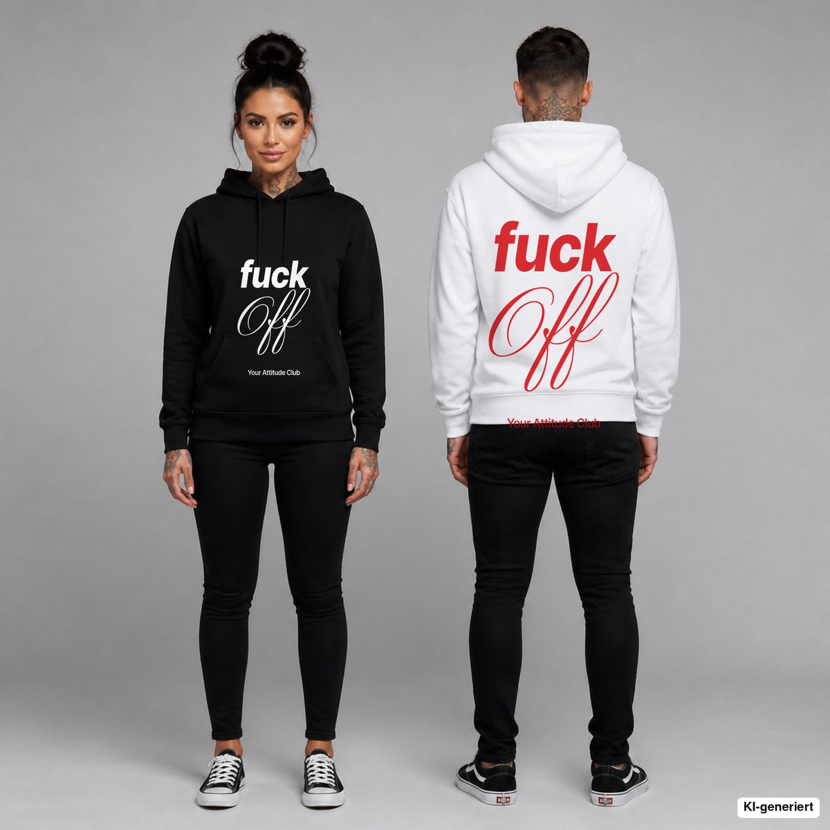 Fuck Off – Hoodie unisex mit Frontprint (Frau, Schwarz) und Backprint (Mann, Weiß)