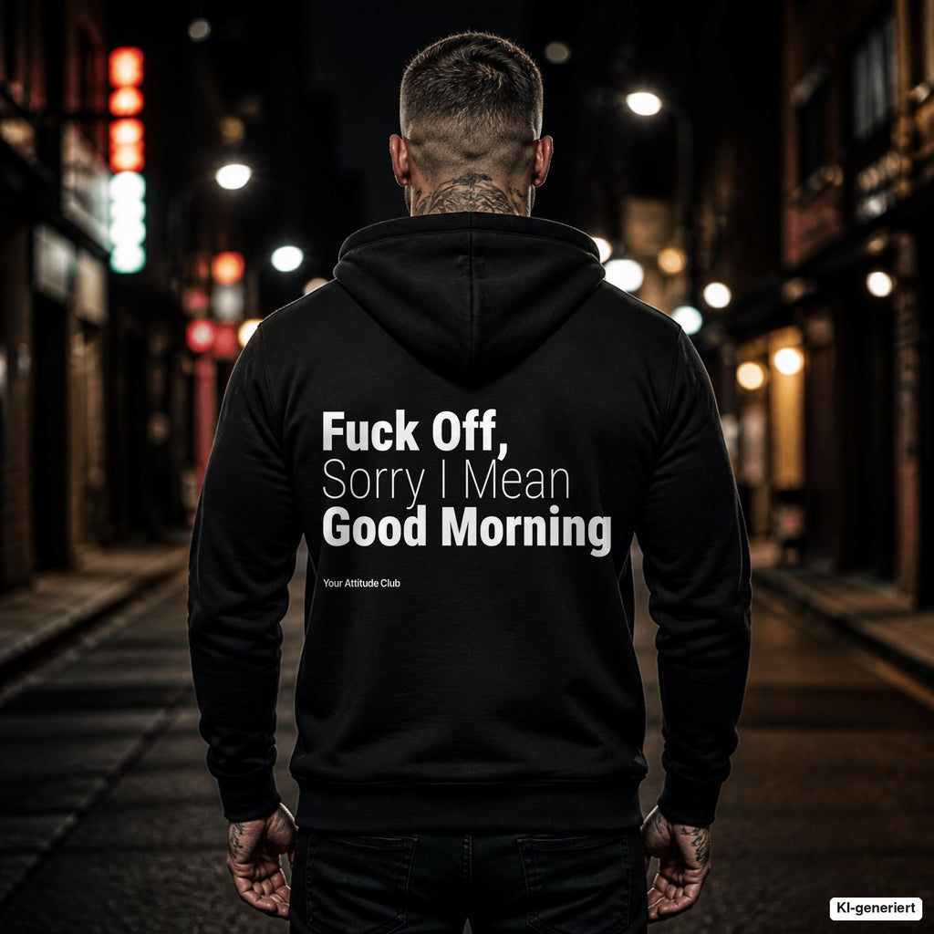 Fuck Off, Sorry I Mean Good Morning – schwarzer Hoodie mit weißem Backprint, Herren in der Stadt bei Nacht