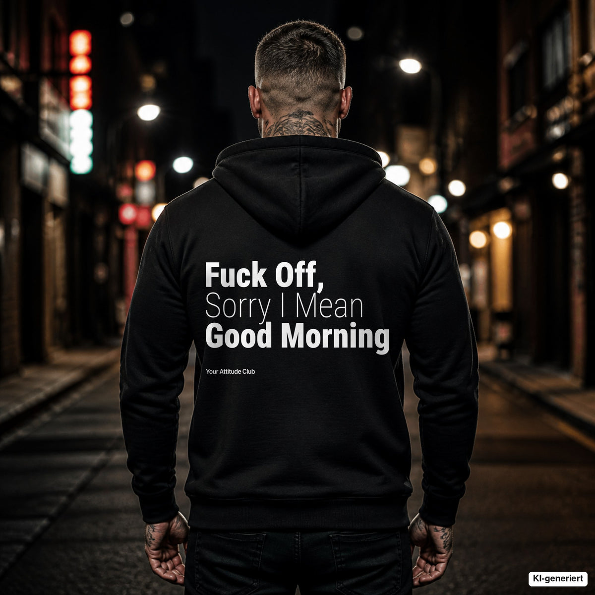 Fuck Off, Sorry I Mean Good Morning – schwarzer Hoodie mit weißem Backprint, Herren in der Stadt bei Nacht