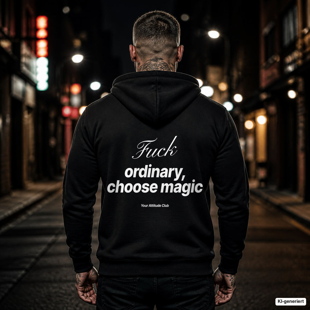 Fuck Ordinary, Choose Magic – schwarzer Hoodie mit weißem Backprint, Herren in der Stadt bei Nacht